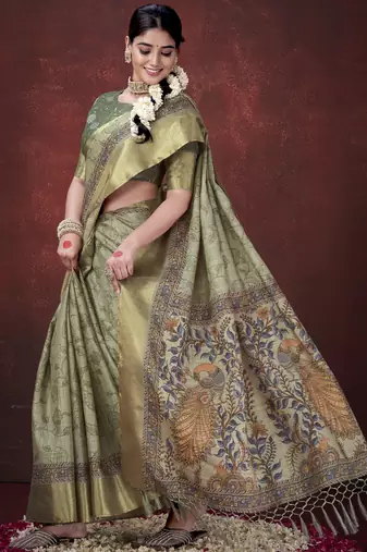 Pista green smart partywear habotai silk blend flower print with foil print saree