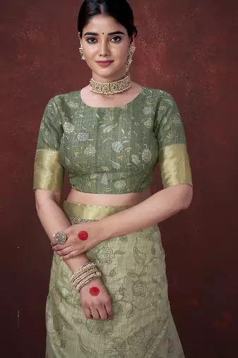 Pista green smart partywear habotai silk blend flower print with foil print saree