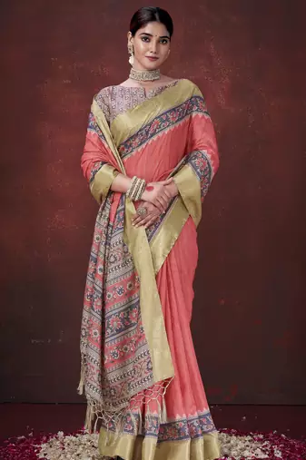 Red smart partywear habotai silk blend flower print with foil print saree