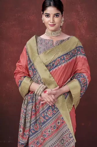 Red smart partywear habotai silk blend flower print with foil print saree