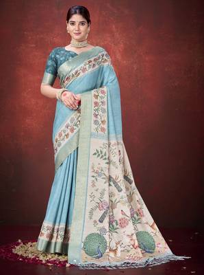 Sea green smart partywear kantha zari silk blend traditional print saree 1