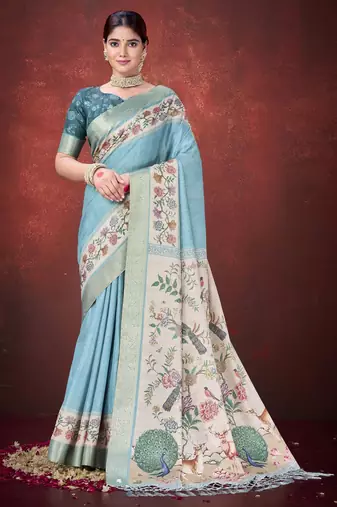 Sea green color smart partywear kantha jari silk traditional print saree