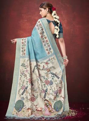Sea green smart partywear kantha zari silk blend traditional print saree 2