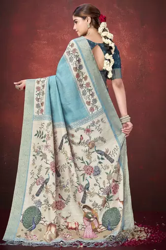 Sea green smart partywear kantha zari silk blend traditional print saree