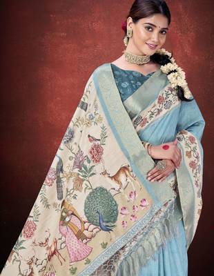 Sea green smart partywear kantha zari silk blend traditional print saree 3