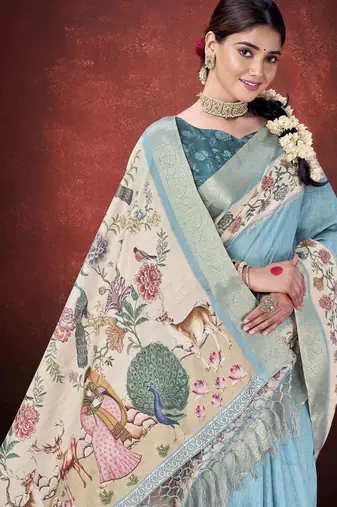 Sea green smart partywear kantha zari silk blend traditional print saree