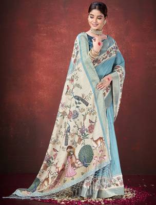 Sea green smart partywear kantha zari silk blend traditional print saree 4