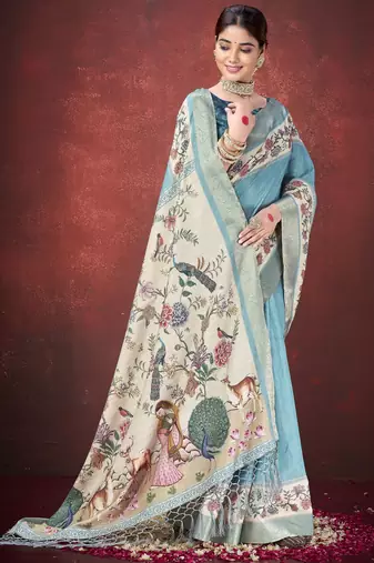 Sea green smart partywear kantha zari silk blend traditional print saree