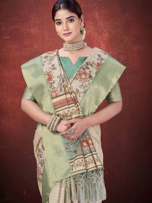 Cream smart partywear mulbery jacquard silk blend traditional print saree 3