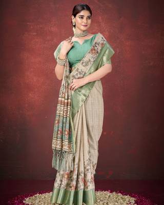 Cream smart partywear mulbery jacquard silk blend traditional print saree 4
