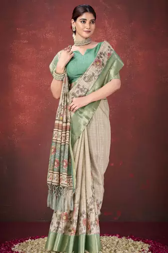 Cream smart partywear mulbery jacquard silk blend traditional print saree