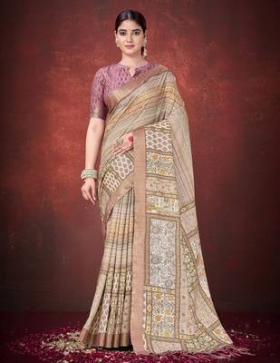 Brown smart partywear spun silk blend traditional print saree 1