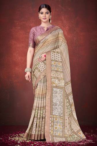 Brown color smart partywear spun silk traditional print saree
