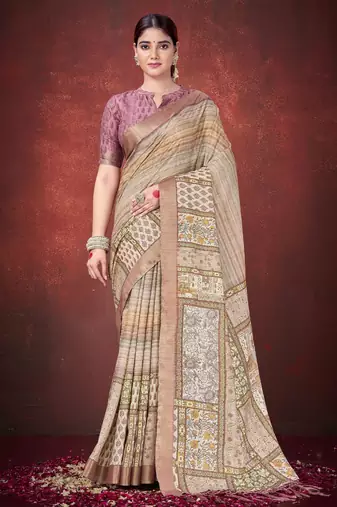 Brown color smart partywear spun silk traditional print saree