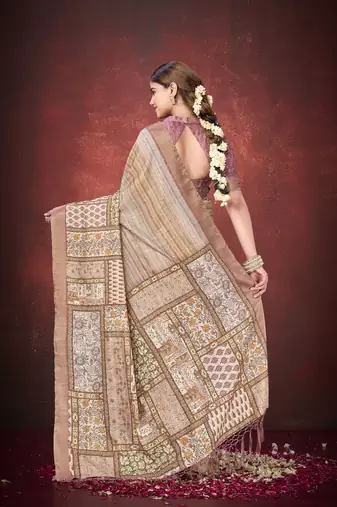 Brown smart partywear spun silk blend traditional print saree