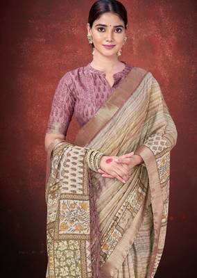 Brown smart partywear spun silk blend traditional print saree 3