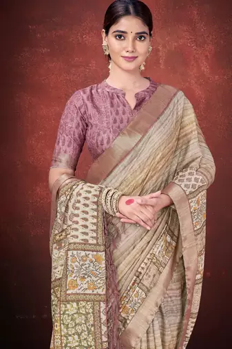 Brown smart partywear spun silk blend traditional print saree