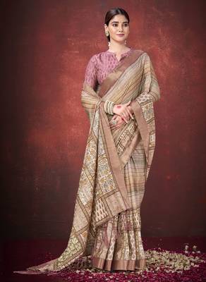 Brown smart partywear spun silk blend traditional print saree 4