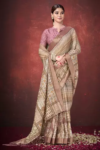Brown smart partywear spun silk blend traditional print saree