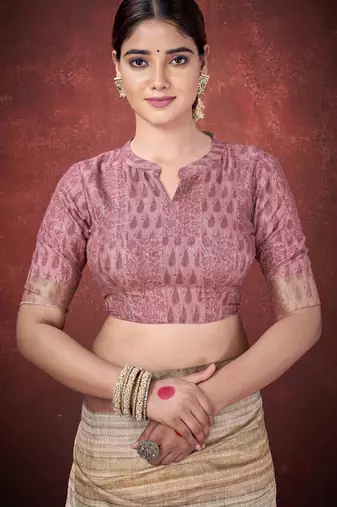 Brown smart partywear spun silk blend traditional print saree