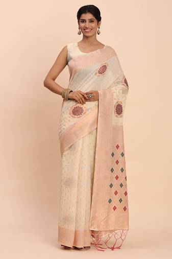 Off white color linen cotton woven designer festive wear saree