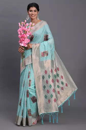 Sky blue color linen cotton woven designer festive wear saree