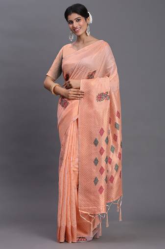 Peach color linen cotton woven designer festive wear saree