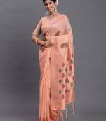 Peach color linen cotton woven festive wear saree