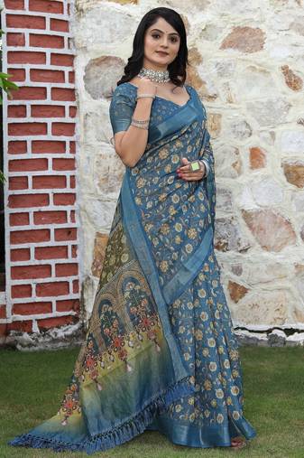 blue color silk blend fabric smart printed saree with woven border