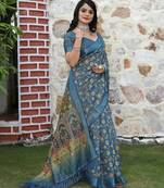 blue color silk blend fabric smart printed saree with woven border