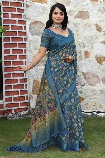 blue silk blend smart printed saree with woven border