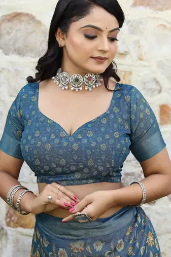 blue silk blend smart printed saree with woven border