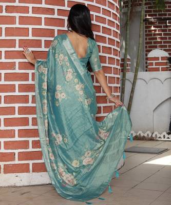 sea green silk blend smart printed saree with woven border 3
