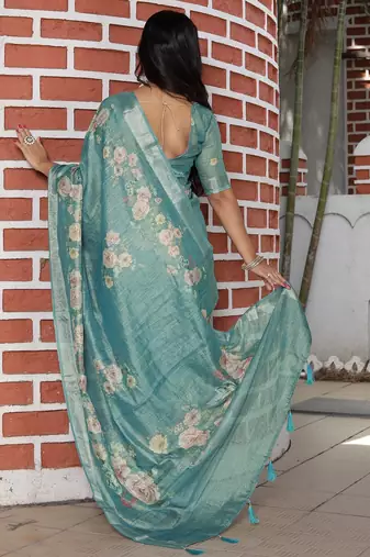sea green silk blend smart printed saree with woven border