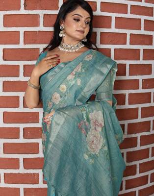 sea green silk blend smart printed saree with woven border 4
