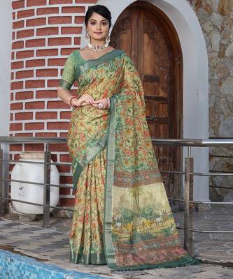 beige silk blend smart printed saree with woven border 1
