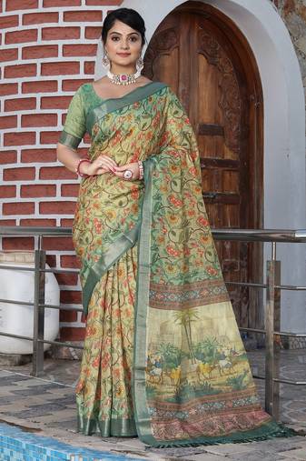 beige color silk blend fabric smart printed saree with woven border
