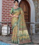 beige color silk blend fabric smart printed saree with woven border