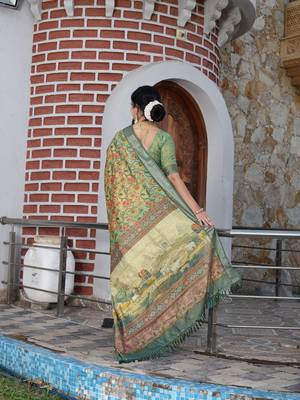 beige silk blend smart printed saree with woven border 3