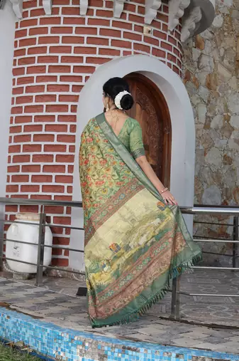 beige silk blend smart printed saree with woven border