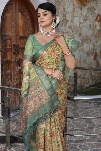 beige silk blend smart printed saree with woven border