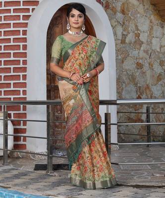 beige silk blend smart printed saree with woven border 5