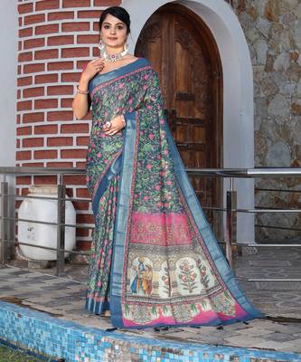 blue silk blend smart printed saree with woven border 1