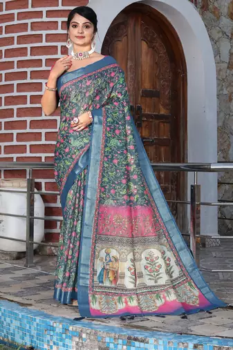 blue color silk blend fabric smart printed saree with woven border