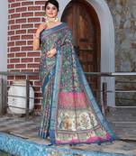 blue color silk blend fabric smart printed saree with woven border