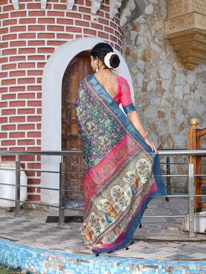 blue silk blend smart printed saree with woven border 3