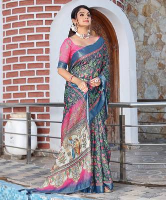 blue silk blend smart printed saree with woven border 5