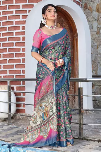 blue silk blend smart printed saree with woven border