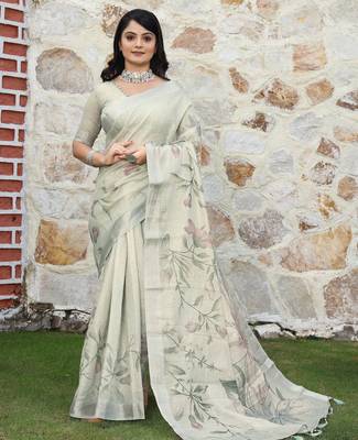 grey silk blend smart printed saree with woven border 1