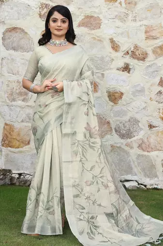 grey color silk blend fabric smart printed saree with woven border